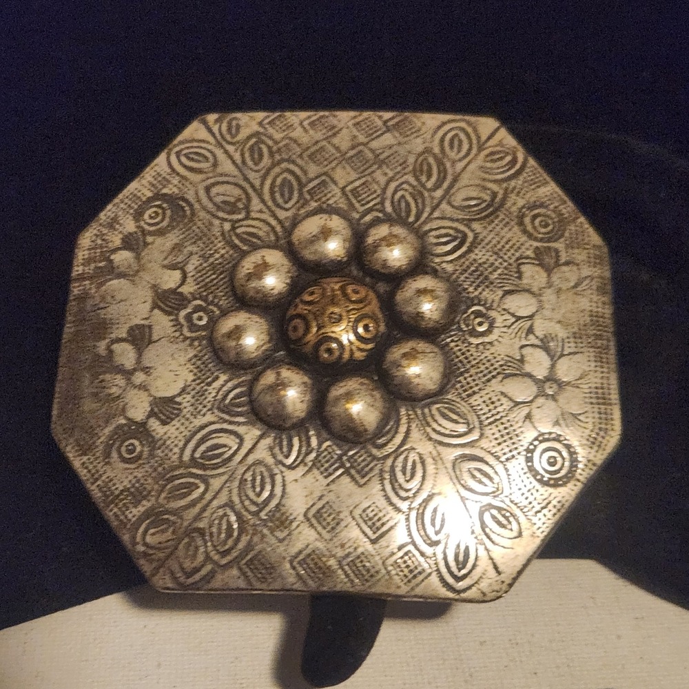 Vintage Octagonal Floral Etched Mixed Metal Belt Buckle Silver Brass Tone Boho